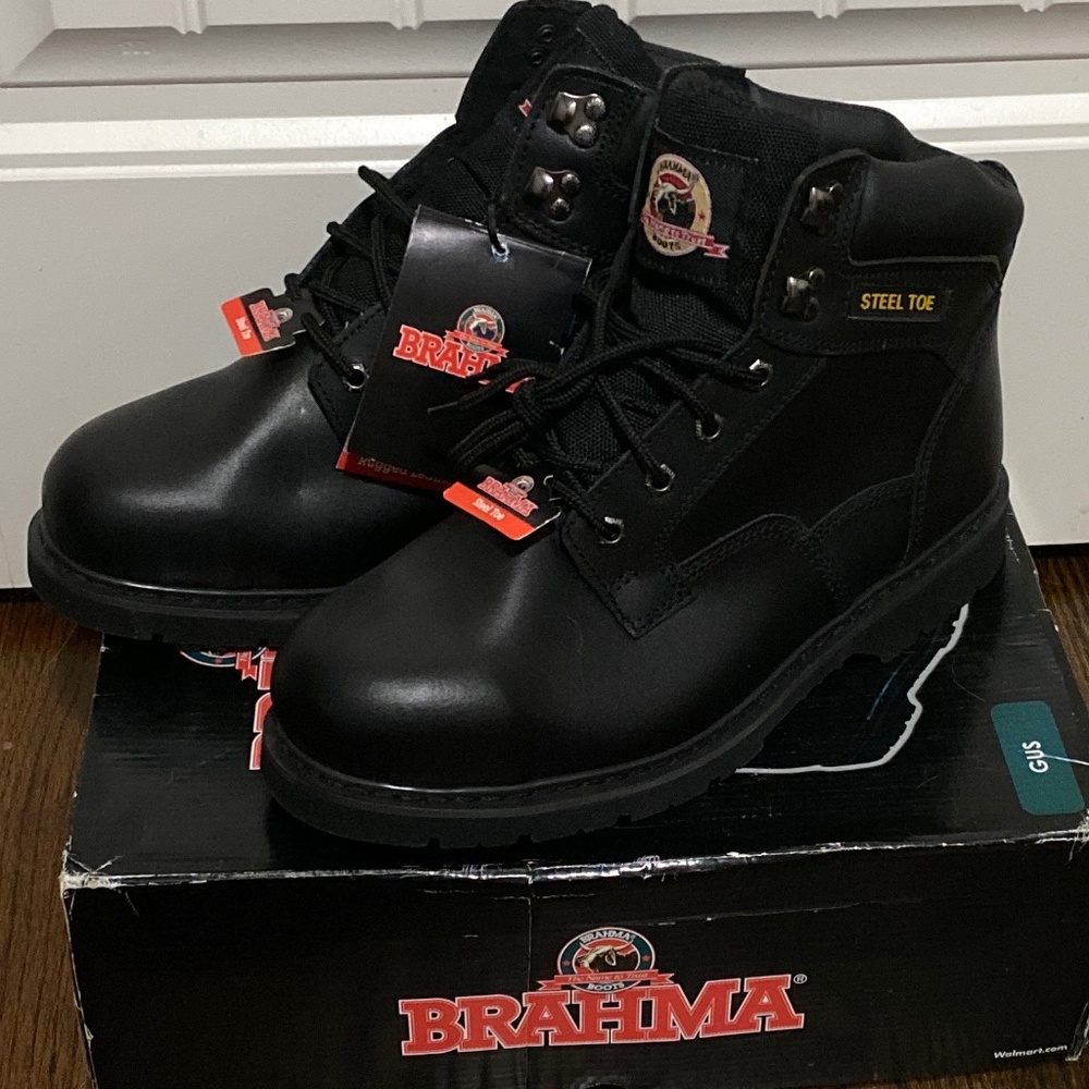 BRAHMA GUS MEN BLACK LEATHER STEEL TOE NO SLIP OIL RESIST WORK BOOT 9-1/2W & 12W